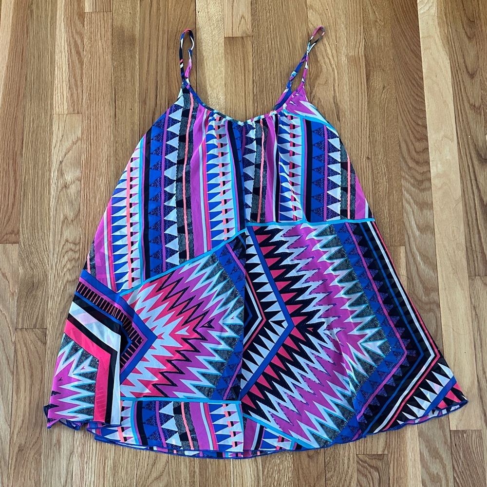 Express Spaghetti Strap Mini Dress in Pink & Blue Geometric Print